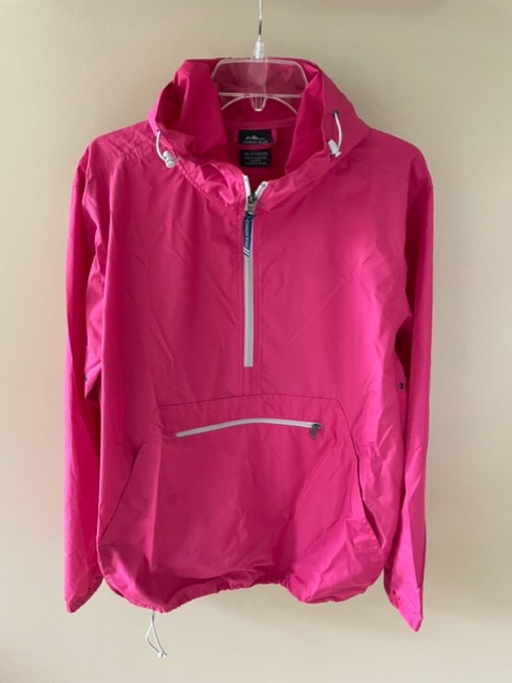 Men's Charles River Lightweight 1/4 zip hooded jacket in color rasbberry.